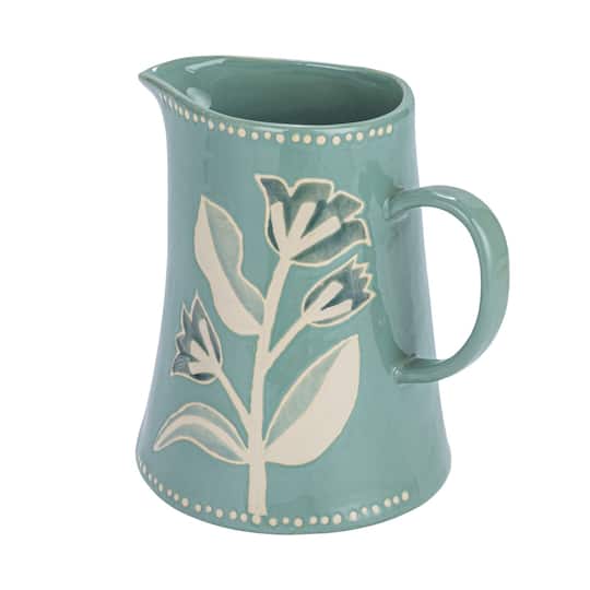 Hello Honey; Hello Honey® 8" Blue Hand-Painted Wax Relief Pattern Stoneware Pitcher; Category:Pitchers; Image:1